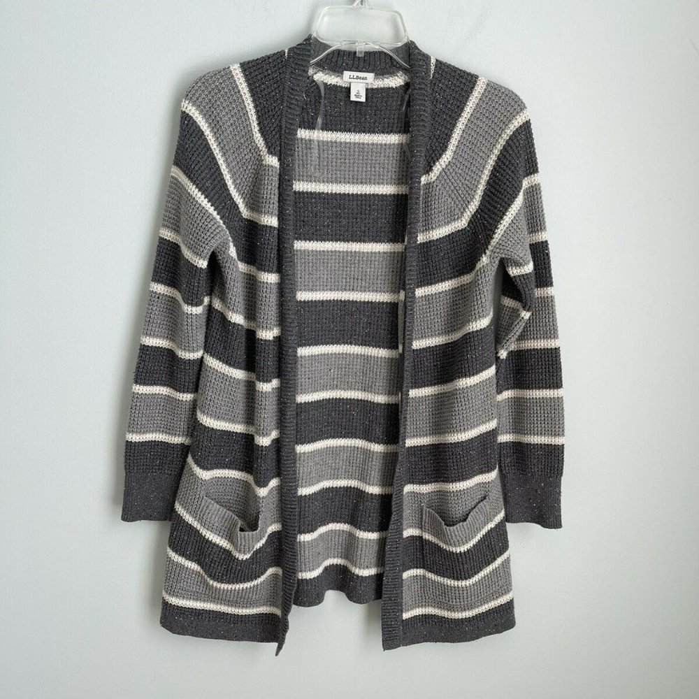 LL Bean Gray Striped Organic Cotton Open Front Cardigan
